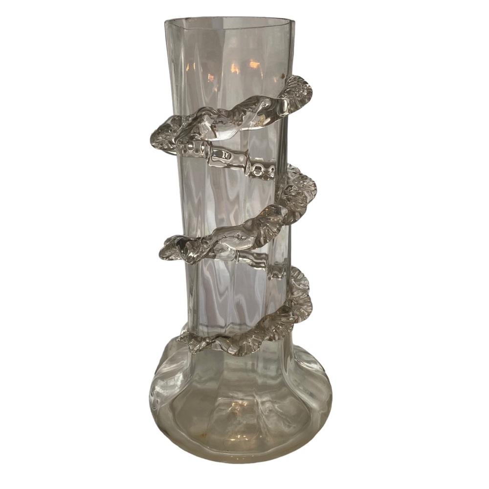 glass victorian vase clear rigaree vine 8 3/4 tall. Base 4 in